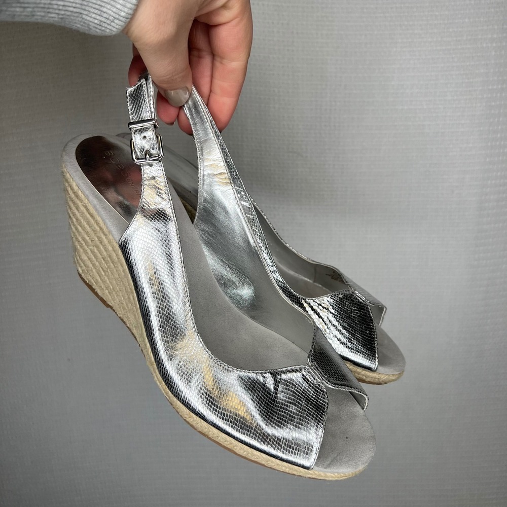 BCBG Generation Silver Metallic‎ Espadrille Wedge Slingback Sandals Size 9